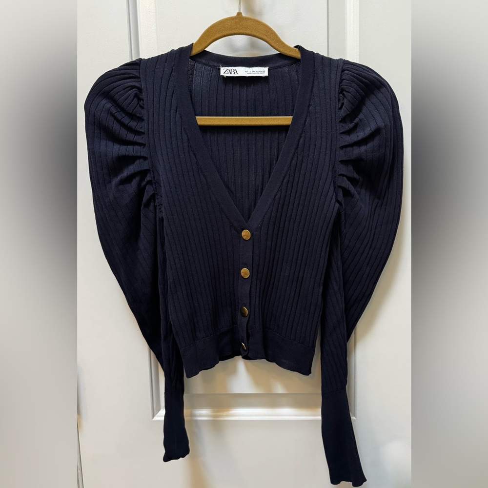 Zara Navy Ribbed Puffed Sleeve Cardigan with Gold Buttons